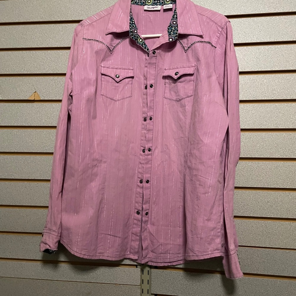 Wrangler Women's Pink Metallic Stripe Western Snap Button Shirt Size L‎